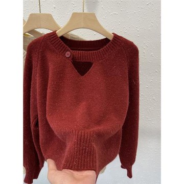 紅色毛衣女2023春秋新款慵懶風日系復古鏤空針織衫內搭溫柔打底衫