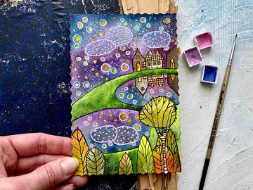 夜景風景畫魔法原創水彩卡片微縮藝術