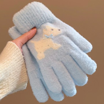 特價✨針織毛絨手套女冬季保暖 可愛小狗蝴蝶結騎行防寒 五指分指毛綫觸屏 冬季手套 保暖手套 冬天手套 防風手套 防寒手套