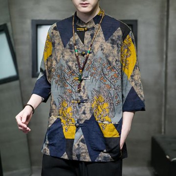 花襯衫男中式復古亞麻唐裝夏季五分袖襯衣外套中國風男裝棉麻上衣