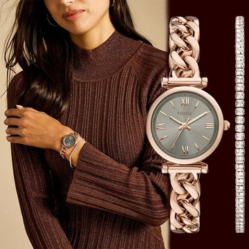 FOSSIL Carlie 時尚大三針女錶 手錶套組 暑期質感選物 送禮首選-28mm ES5378SET
