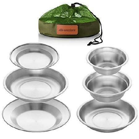 Wealers Stainless Steel Plates and Bowls Camping Set Small and Large Dinnerware for Kids, Adults, Family Camping, Hiking, Beach, Outdoor Use Incl.