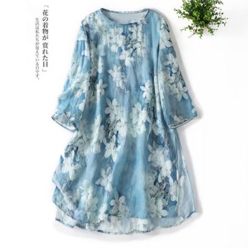 【Paiya 派亞】夏季新款苧麻氣質優雅時尚簡約文藝印花遮胯清涼感減齡中長裙(M-2XL)