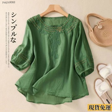 ✨限時下殺✨ 2025新款文藝復古棉麻刺繡襯衫 夏季 半袖氣質顯瘦寬鬆百搭套頭 上衣