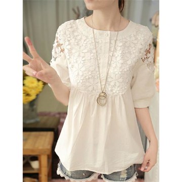 白色蕾絲鏤空上衣女夏季短袖夏氣質夏裝外穿超仙薄款寬松收腰圓領