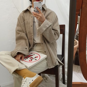 女式燈芯絨外套復古學生長袖寬松bf上衣chic港味秋裝襯衫1入