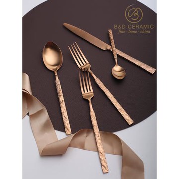 歐式奢復古石紋西餐刀叉甜品勺子純色304不銹鋼餐具浮雕玫瑰金色