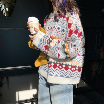 秋季季韓國百搭學院風圓領套頭針織衫寬松顯瘦菱格圣誕毛衣女1入