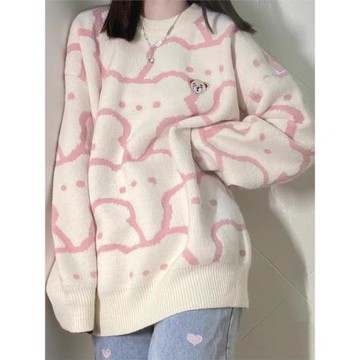 粉色小熊毛衣女秋冬套頭寬松針織衫外穿日系奶呼呼軟糯慵懶風外套