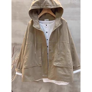 外套女2024春秋新款洗水棉純色連帽休閑風衣秋季寬松長袖外穿女裝