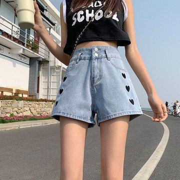 短褲 闊腿褲 牛仔褲S-XL新款高腰牛仔短褲女雙扣ins顯瘦寬鬆淺藍色愛心熱褲TBF08-E K520