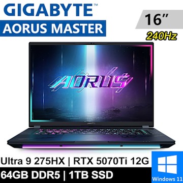 技嘉 AORUS MASTER 16 BXHC4TWE64SH-SP4 16吋 暗潮靛(Ultra 9 275HX/64GB/1TB SSD/RTX5070Ti 12G/W11)特仕版