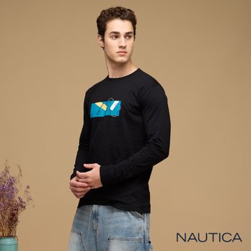 Nautica  男裝 藍白幾何色塊印花長袖T恤-黑色