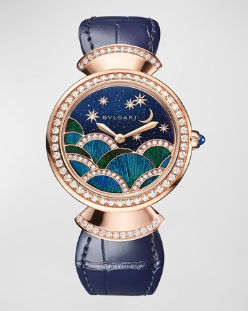 Divas' Dream 33mm Rose Gold Aventurine Watch with Diamonds and Blue Alligator Strap