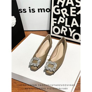 卡其色網紅粗跟單鞋女2025年新款法式水鉆氣質方頭不累腳淺口女鞋