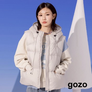 【gozo】➤品牌標語短版連帽羽絨背心(淺灰/深綠_F) | 女裝 連帽 保暖