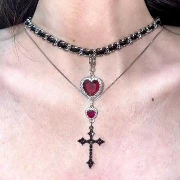 【台灣公司 可打統編】免運 黑暗十字架紅色愛心雙層疊戴項鏈耳環小眾輕奢氣質鎖骨鏈潮酷飾品 可開發票 全館五折 工廠現貨直銷 新品特價 z9211