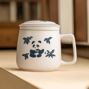 廠家手繪熊貓辦公杯茶水分離杯陶瓷馬克杯高顏值女士精致喝水杯子