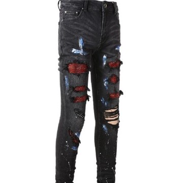 新款歐美高街潮牌燙鉆補丁貼布油漆破洞彈力修身水洗黑色牛仔褲男
