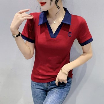 歐洲站2024夏裝新款時尚POLO衫V領T恤女短袖撞色上衣修身百搭小衫