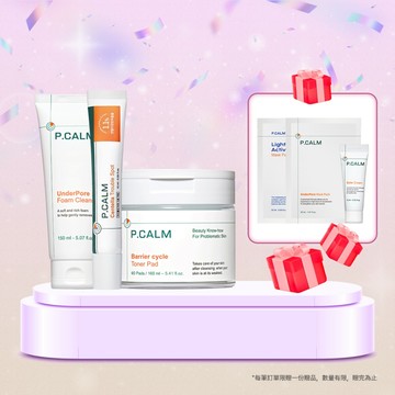 P.CALM 抗痘清潔特工 三件組｜鎮靜修復爽膚棉片+積雪草抗痘凝膠+抗痘修護洗面乳