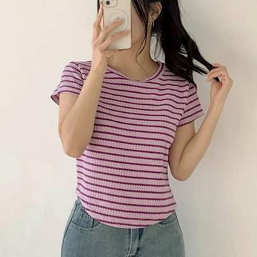 正韓T恤 條紋短袖短版T恤DAL1024-創翊韓都