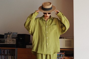 牛油果綠 中性口袋款復古舒適百搭長袖襯衣 軟糯亞麻