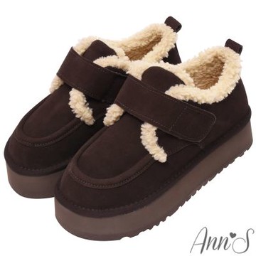 Ann’S防潑水鍍膜-真皮真羊毛魔鬼氈毛毛滾邊厚底雪靴4.5cm-咖