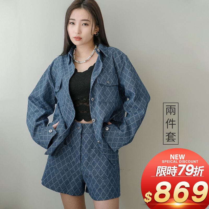 現貨★79折★兩件式套裝!單寧菱格紋短版外套褲(共2色)1024 【NL6299】