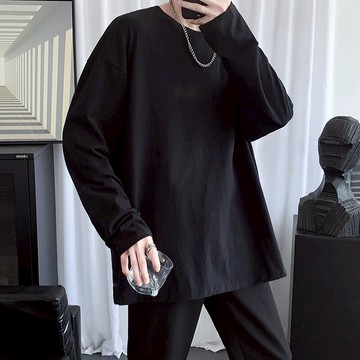 純棉長袖T恤男士春秋薄款純色內搭打底衫港風大碼潮牌ins圓領上衣