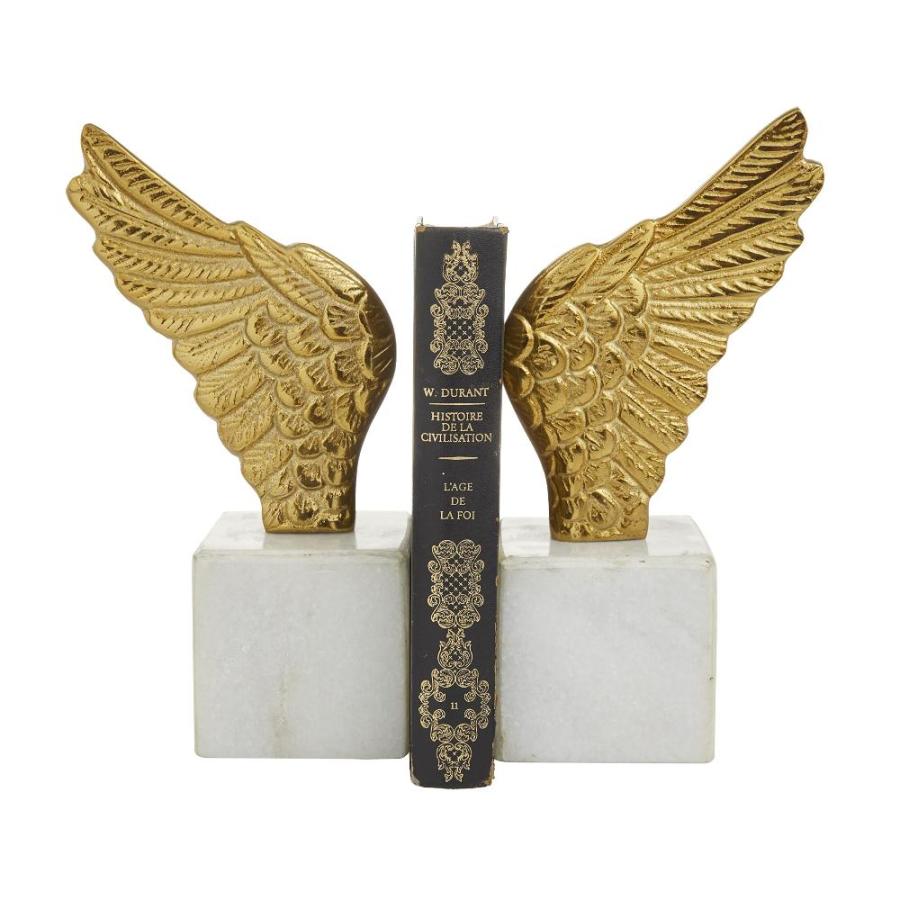 Deco 79 Aluminum Bird Wings Bookends with Marble Base, Set of 5"W, 10"H,