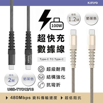 【實體店面現貨】KINYO Type-C To Type-C PD 100W超快充數據線 USB-TYC12/13