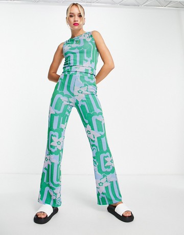 Damson Madder jacquard flared trousers co-ord in green retro floral