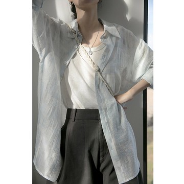 印花襯衫女設計感小眾2022年春夏新款港風長袖上衣防曬襯衣薄外套