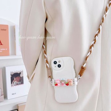 手機掛繩長款斜挎粉兔熊手機背夾鏈條網紅潮牌手機繩掛件女款斜掛繩防丟背包式手機夾鏈條手機殼手工串珠掛繩