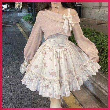 『ATC』早秋上衣薔薇甜美碎花吊帶裙套裝新款上衣連衣裙斜肩重工兩件套毛衣