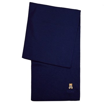 MOSCHINO 30620 M2095 簡約電繡小熊LOGO羊毛長圍巾.深藍