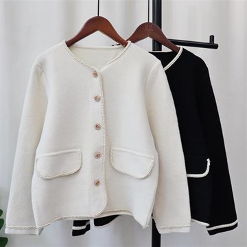 【米蘭精品】針織外套長袖毛衣-小香風珍珠滾邊雙面呢針織女外套2色74jl29