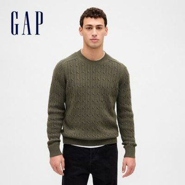 【GAP】男裝|圓領長袖針織衫-綠色(807068)