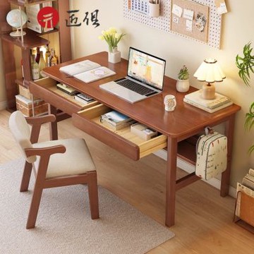 簡約實木化妝臺書桌附抽 單抽 底部置物板 側面掛鈎 80x55x75CM 化妝臺 書桌 木桌 辦公桌