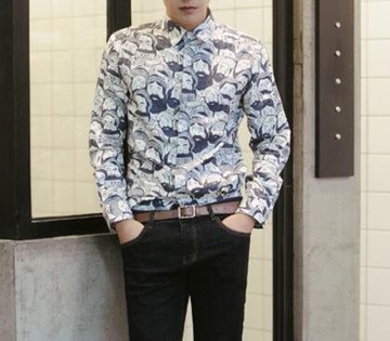 FINDSENSE 品牌 時尚休閒 男士 人頭像數碼印花襯衫 立領襯衫 長袖襯衫