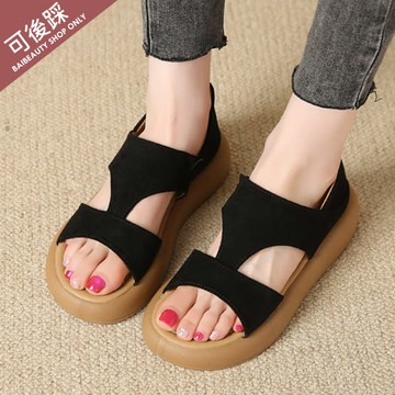 【35-42全尺碼】兩穿可後踩．舒適素面/豹紋T字簍空厚底涼鞋．白鳥麗子