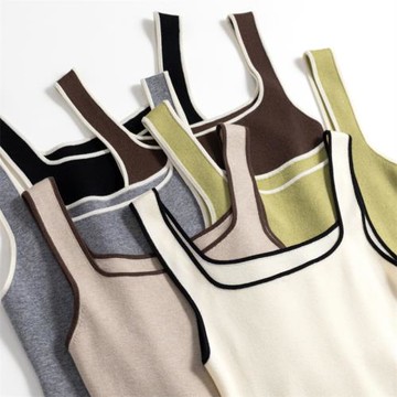 精紡時髦減領方領針織吊帶背心女薄款漏鎖骨修身顯瘦無袖打底內搭