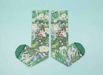 NoMatch不合設計復古油畫綠花叢印花銀絲襪中筒薄款襪