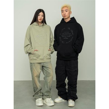 Makemore衛衣男秋冬新款基礎雙色立體圓環純棉美式復古情侶連帽衫