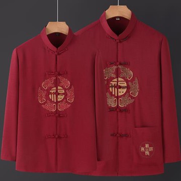 中國風春秋中老年情侶唐裝長袖棉麻套裝爺爺奶奶老人生日宴會衣服