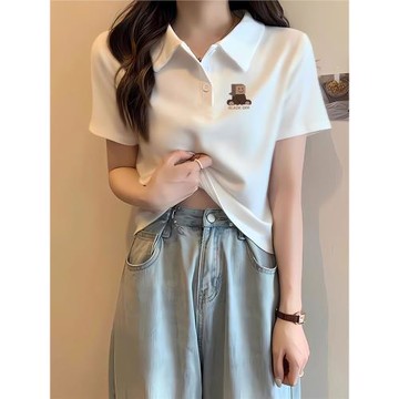 2024夏季翻領正肩鈕扣Polo衫短袖T恤女修身上衣設計感別致夏季
