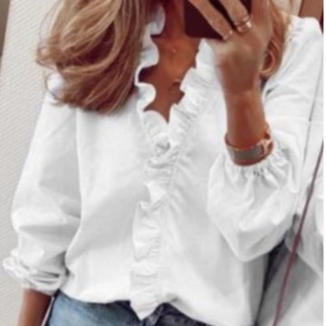 韓版輕熟風2021春季新款木耳邊V領長袖襯衣襯衫女Women's shirts