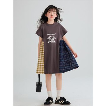 女童潮流拼接格子連衣裙2025夏款新款中大童休閑短袖裙親子裙