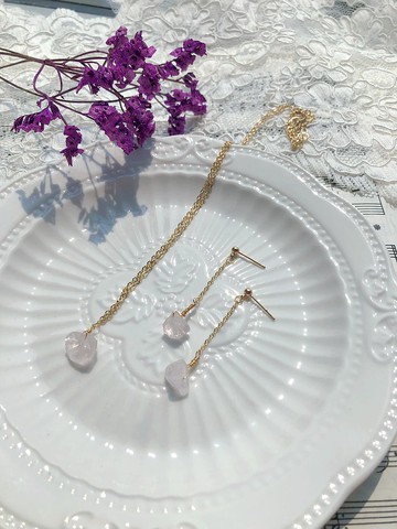 14K包金 粉晶 原石 天然水晶 客製化 頸鏈 耳環 套裝